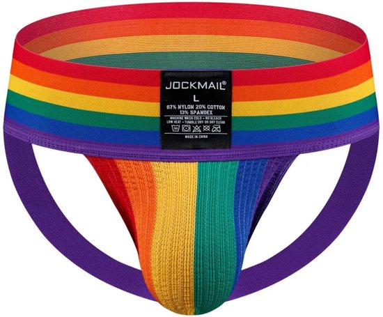 Heren Harnas & Slip Set - Regenboog - Jockstrap - Verstelbaar Bondage Borst Harnas met Open Achterkant - Pride LGBTQI+ - Ringen - One Size - Erotiek & Bondage Lingerie voor Mannen - Maat XL