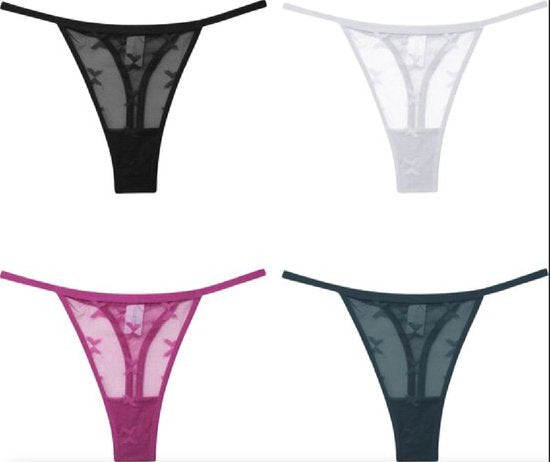 4 Pack - Luxe Dames String - Transparant - Zwart, Groen, Wit en Roze - Dames Lingerie / Ondergoed Set - Maat L
