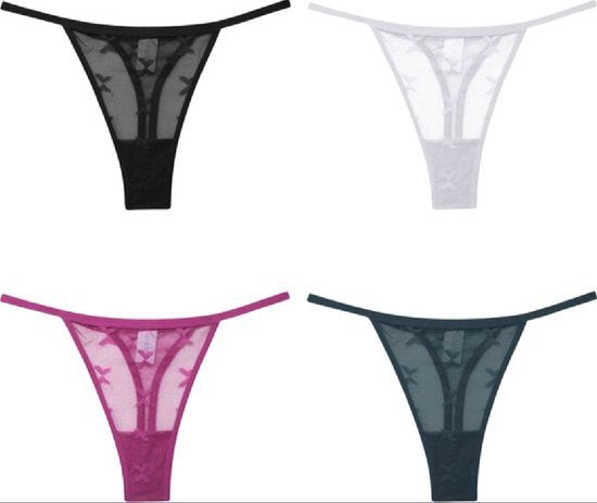 4 Pack - Luxe Dames String - Transparant - Zwart, Groen, Wit en Roze - Dames Lingerie / Ondergoed Set - Maat S