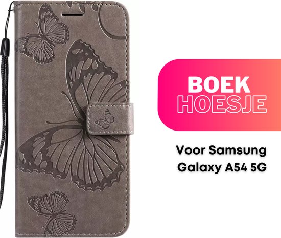 Hoesje Vlinders Grijs - Geschikt voor Samsung Galaxy A54 5G - Portemonnee Book Case - Boekje Met Kaarthouder / Pasjeshouder en Magneetsluiting - Booklet Beschermhoes