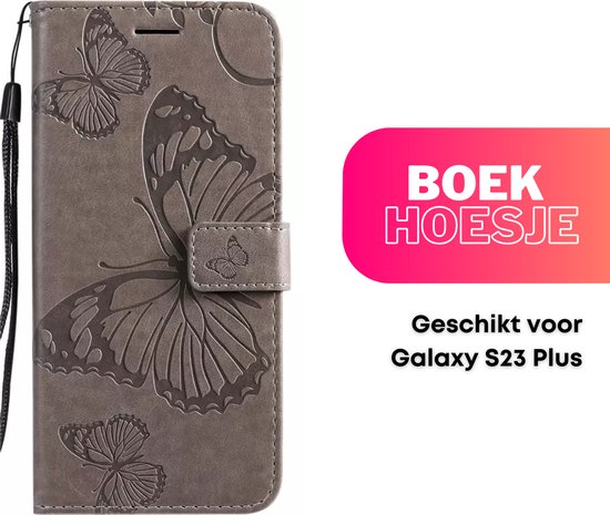 Hoesje Vlinders Grijs - Geschikt voor Samsung Galaxy S23 S23+ / S23 Plus - Portemonnee Book Case - Boekje Met Kaarthouder / Pasjeshouder en Magneetsluiting - Booklet - Wallet Beschermhoes - Telefoonhoesje