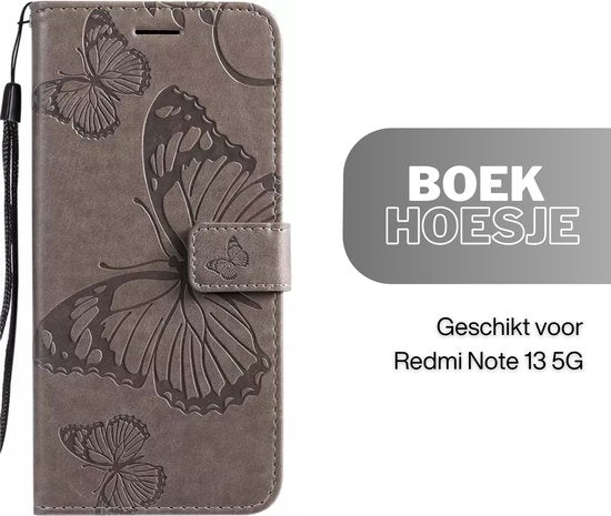 Hoesje Vlinders Grijs - Geschikt voor Xiaomi Redmi Note 13 5G - Portemonnee Book Case - Boekje Met Kaarthouder / Pasjeshouder en Magneetsluiting - Booklet - Wallet Beschermhoes - Telefoonhoesje
