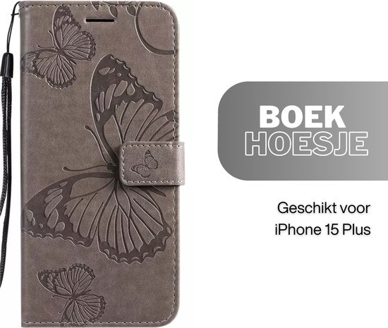 Hoesje Vlinders Grijs - Geschikt voor Apple iPhone 15 Plus / 15+ - Portemonnee Book Case - Boekje Met Kaarthouder / Pasjeshouder en Magneetsluiting - Booklet Beschermhoes - Boekhoesje met Draagkoord
