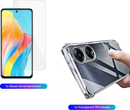 2 in 1 Set - Geschikt voor OPPO A38 - Transparant Hoesje + Screenprotector - Doorzichtige Shockproof TPU Case - Tempered Glass Screen Protector - Set van 2