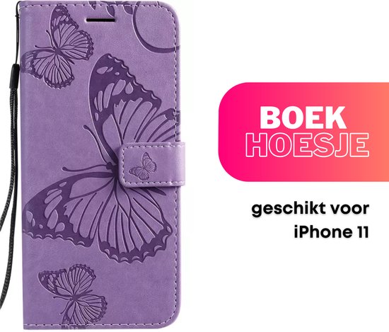 Hoesje Vlinders Paars - Geschikt voor Apple iPhone 11 - Portemonnee Book Case - Boekje Met Kaarthouder / Pasjeshouder en Magneetsluiting - Booklet Beschermhoes - Boekhoesje met Draagkoord