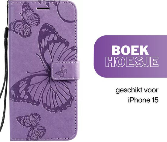 Hoesje Vlinders Paars- Geschikt voor Apple iPhone 15 - Portemonnee Book Case - Boekje Met Kaarthouder / Pasjeshouder en Magneetsluiting - Booklet Beschermhoes - Boekhoesje met Draagkoord