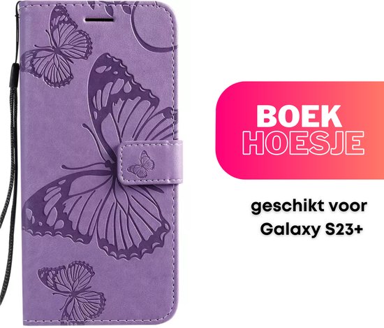 Hoesje Vlinders Paars - Geschikt voor Samsung Galaxy S23+ / S23 Plus - Portemonnee Book Case - Boekje Met Kaarthouder / Pasjeshouder en Magneetsluiting - Booklet - Wallet Beschermhoes - Telefoonhoesje