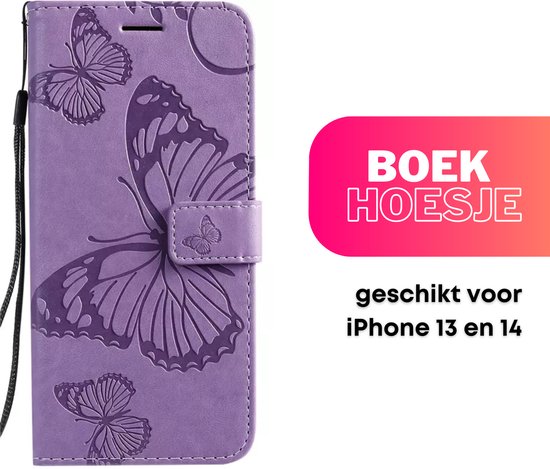 Hoesje Vlinders Paars - Geschikt voor Apple iPhone 13 / 14 - Portemonnee Book Case - Boekje Met Kaarthouder / Pasjeshouder en Magneetsluiting - Booklet Beschermhoes - Boekhoesje met Draagkoord