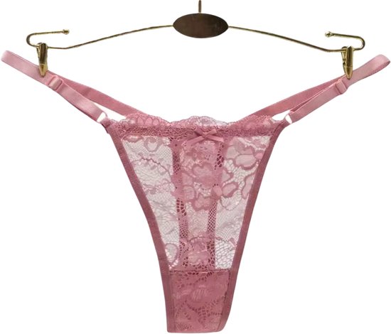 3 Pack - Sexy Dames Strings Zwart, Roze en Taupe - Comfortabel en Zacht Kant - Verstelbare Bandjes - String Met Kanten Design - Onderbroeken en Slips voor Vrouwen - Dames Lingerie / Ondergoed Set - Maat M