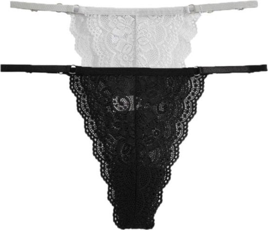 Luxe Dames String met Kant - 2 Stuks - Wit & Zwart - Intieme Lingerie Dames / Ondergoed Set Vrouw - High Waist - Maat L