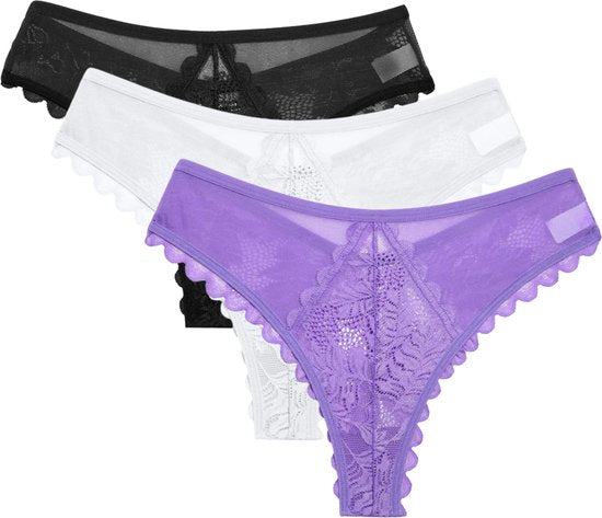 3 Pack - Sexy Brazilian Dames String - Kant - Paars, Wit en Zwart - Dames Lingerie / Ondergoed Set - Maat S