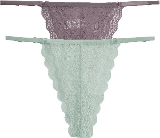 Luxe Dames String met Kant - 2 Stuks - Nude & Mintgroen - Intieme Lingerie Dames / Ondergoed Set Vrouw - High Waist - Maat M