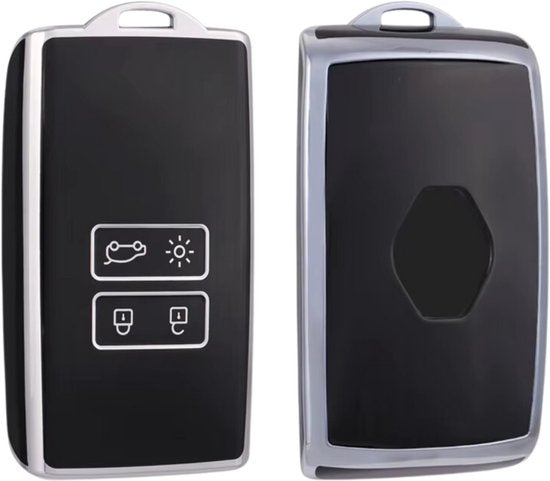 Zachte TPU Sleutelcover - Sleutelhoesje Geschikt voor Renault Koleos / Scénic 4 / Arkana / Captur / Mégane / Talisman / Espace / Clio / Zoë / Dacia Sandero - Zwart met Zilver - Key Cover - Auto Accessoires