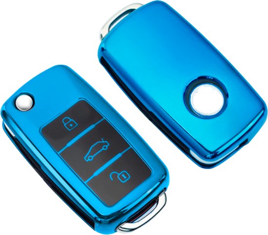 Zachte TPU Sleutelcover - Metallic Chroom Blauw - Sleutelhoesje Geschikt voor Volkswagen Golf / Polo / Tiguan / Up / Passat / Seat Leon / Seat Mii / Skoda Citigo - Sleutel Hoesje Cover - Auto Accessoires