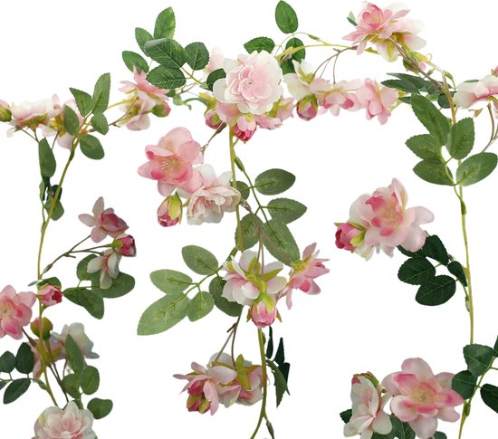 Bloemenslinger Fiets en Interieur - Kersenbloesem met Mini Rozen - Roze met Wit - Sakura - Stijlvolle Bloemenstreng voor Fietsmand of Stuur - 180 CM Bloemen - Plastic Kunstbloemen Fiets Slinger Sakura