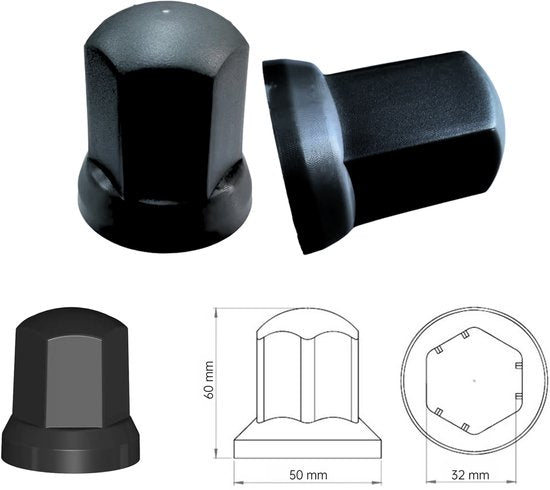 Vrachtwagen Wielmoerdoppen Zwart - 100 Stuks - 60 mm x 32 mm - Kunststof - Wiel Moer Cover Caps - Bescherming Voor Wielmoeren - Wieldoppen - Geschikt Voor Vrachtwagen / Trucks / Aanhanger / Bus / Trailer - Voertuig accessoires