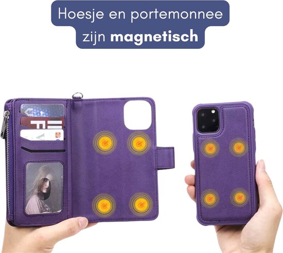 Portemonnee met Magnetisch Telefoonhoesje - Geschikt voor Samsung Galaxy A13 4G - Paars - Kunstleer - Schokbestendig - Verschillende vakjes - Met Ritssluiting - Met Draagkoord
