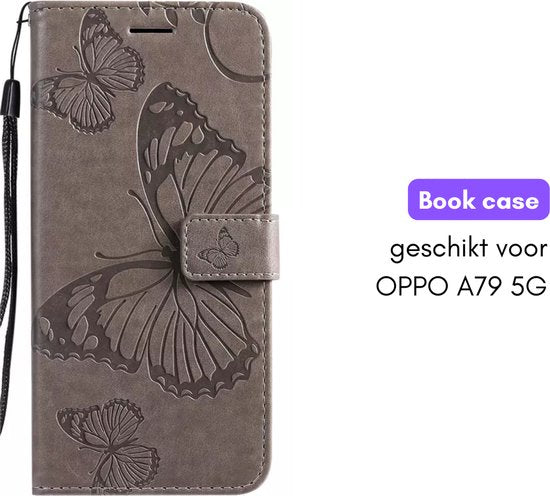 Hoesje Vlinders Grijs geschikt voor OPPO A79 5G - Portemonnee Book Case - Boekje Met Kaarthouder / Pasjeshouder en Magneetsluiting - Booklet - Wallet Beschermhoes - Telefoonhoesje