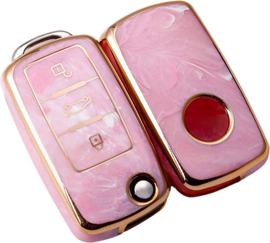 Zachte TPU Sleutelcover - Marmer Roze Goud - Sleutelhoesje Geschikt voor Volkswagen Golf / Polo / Tiguan / Up / Passat / Seat Leon / Seat Mii / Skoda Citigo - Sleutel Hoesje Cover - Auto Accessoires
