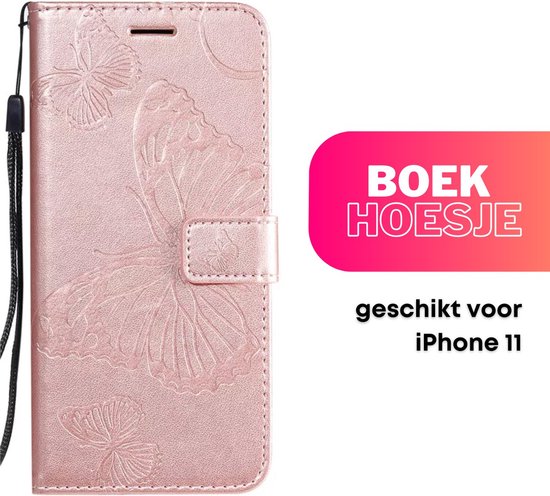 Hoesje Vlinders Roze - Geschikt voor Apple iPhone 11 - Portemonnee Book Case - Boekje Met Kaarthouder / Pasjeshouder en Magneetsluiting - Booklet Beschermhoes - Boekhoesje met Draagkoord
