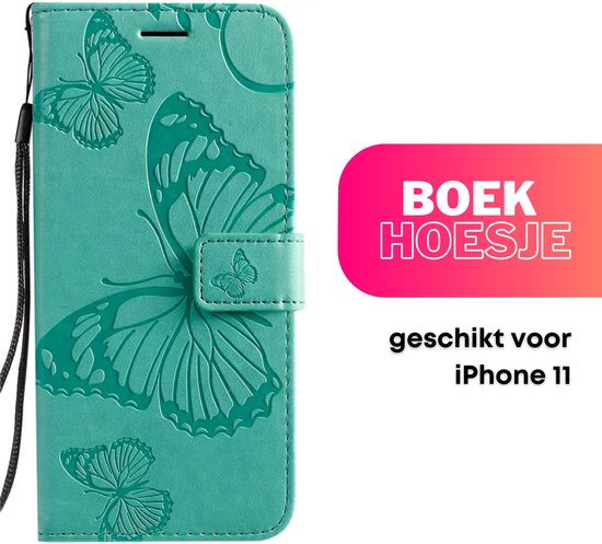 Hoesje Vlinders Groen - Geschikt voor Apple iPhone 11 - Portemonnee Book Case - Boekje Met Kaarthouder / Pasjeshouder en Magneetsluiting - Booklet Beschermhoes - Boekhoesje met Draagkoord