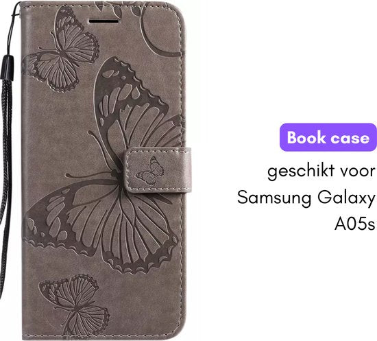 Hoesje Vlinders Grijs geschikt voor Samsung Galaxy A05s - Portemonnee Book Case - Boekje Met Kaarthouder / Pasjeshouder en Magneetsluiting - Booklet - Wallet Beschermhoes - Telefoonhoesje