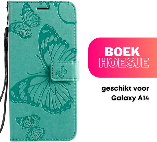 Hoesje Vlinders Groen - Geschikt voor Samsung Galaxy A14 - Portemonnee Book Case - Boekje Met Kaarthouder / Pasjeshouder en Magneetsluiting - Booklet - Wallet Beschermhoes - Telefoonhoesje