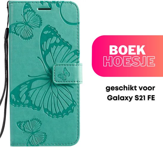 Hoesje Vlinders Groen - Geschikt voor Samsung Galaxy S21 FE - Portemonnee Book Case - Boekje Met Kaarthouder / Pasjeshouder en Magneetsluiting - Booklet - Wallet Beschermhoes - Telefoonhoesje
