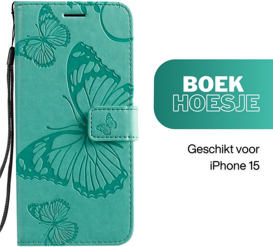 Hoesje Vlinders Groen - Geschikt voor Apple iPhone 15 - Portemonnee Book Case - Boekje Met Kaarthouder / Pasjeshouder en Magneetsluiting - Booklet Beschermhoes - Boekhoesje met Draagkoord