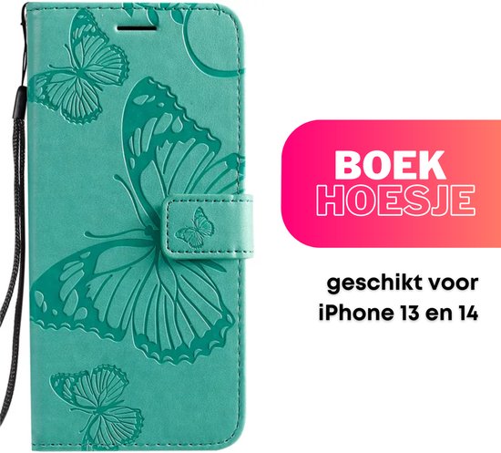 Hoesje Vlinders Groen - Geschikt voor Apple iPhone 13 / 14 - Portemonnee Book Case - Boekje Met Kaarthouder / Pasjeshouder en Magneetsluiting - Booklet Beschermhoes - Boekhoesje met Draagkoord