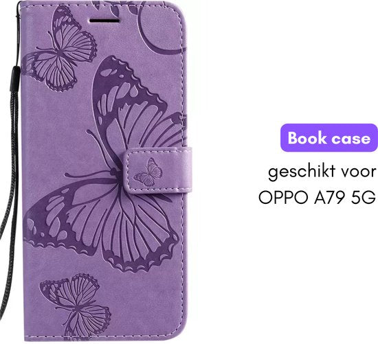 Hoesje Vlinders Paars geschikt voor OPPO A79 5G - Portemonnee Book Case - Boekje Met Kaarthouder / Pasjeshouder en Magneetsluiting - Booklet - Wallet Beschermhoes - Telefoonhoesje
