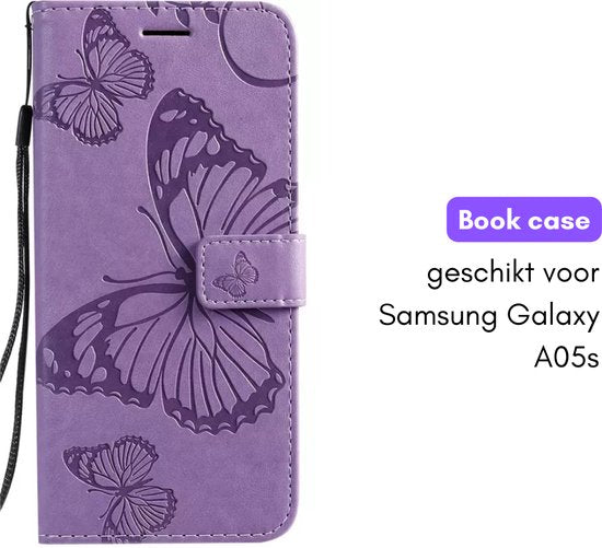 Hoesje Vlinders Paars geschikt voor Samsung Galaxy A05s - Portemonnee Book Case - Boekje Met Kaarthouder / Pasjeshouder en Magneetsluiting - Booklet - Wallet Beschermhoes - Telefoonhoesje