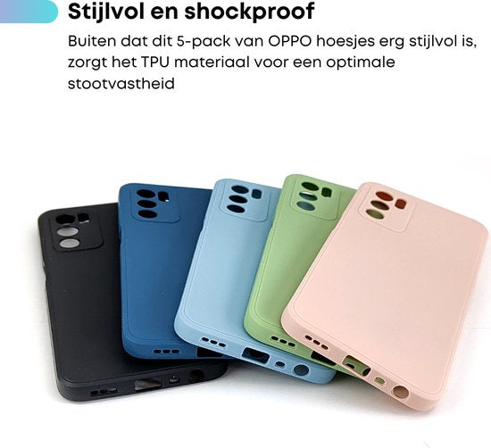 5 Pack - Hoesje Geschikt voor OPPO A16 / A16S / A54S - 5x Siliconen Shock Proof Case - Stevige TPU Cover - Multipack met Zwart, Lichtblauw, Donkerblauw, Groen en Roze