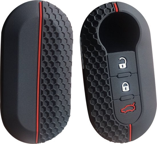 Siliconen Sleutelcover SPORT - Rode en Witte Details - Zwart Sleutelhoesje Geschikt voor Fiat 500 / 500L / 500X / 500C / Panda / Punto / Stilo - Sleutel Hoesje Keycover - Auto Accessoires