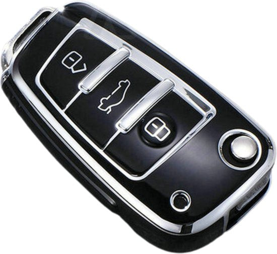Zachte TPU Sleutelcover - Sleutelhoesje Geschikt voor Audi A1 / A3 / A5 / A6 / Q3 / Q5 / S3 / S5 / RS - Zwart & Zilver Metallic - Sleutel Hoesje Cover - Auto Accessoires