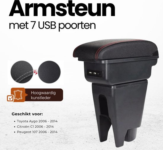 Multifunctionele Armsteun - Geschikt voor Toyota Aygo, Peugeot 107 en Citroen C1 (2005-2014) - 7 USB Aansluitingen - Opbergvakken - Bekerhouder