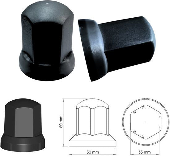 Vrachtwagen Wielmoerdoppen Zwart - 100 Stuks - 60 mm x 33 mm - Kunststof - Wiel Moer Cover Caps - Bescherming Voor Wielmoeren - Wieldoppen - Geschikt Voor Vrachtwagen / Trucks / Aanhanger / Bus / Trailer - Voertuig accessoires