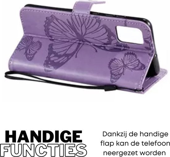 Hoesje Vlinders Paars - Geschikt voor OPPO A17 - Portemonnee Book Case - Boekje Met Kaarthouder / Pasjeshouder en Magneetsluiting - Booklet Beschermhoes - Boekhoesje met Draagkoord