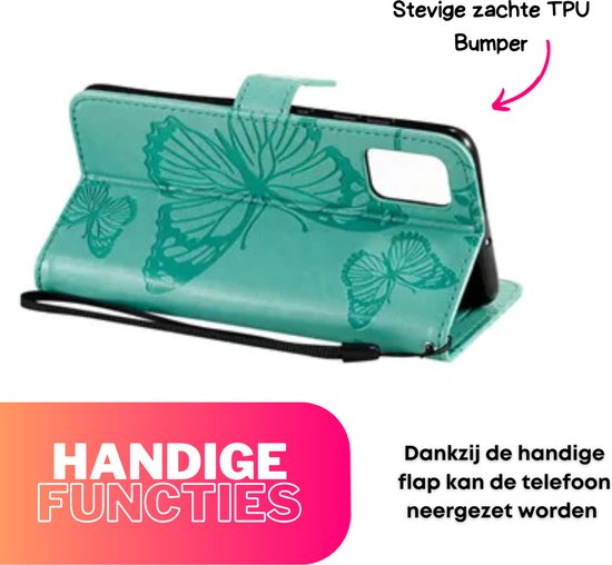 Hoesje Vlinders Groen - Geschikt voor Samsung Galaxy S21 FE - Portemonnee Book Case - Boekje Met Kaarthouder / Pasjeshouder en Magneetsluiting - Booklet - Wallet Beschermhoes - Telefoonhoesje