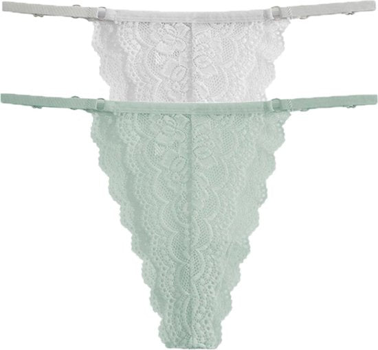 Luxe Dames String met Kant - 2 Stuks - Wit & Mintgroen - Intieme Lingerie Dames / Ondergoed Set Vrouw - High Waist - Maat M