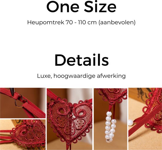 Sexy String met Parels - Kralen - Zwart - Erotisch Design met en Hart op Achterkant - One Size String - Dames Onderbroek - Lingerie / Ondergoed