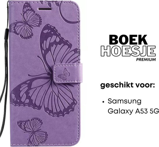 Hoesje Vlinders Paars - Geschikt voor Samsung Galaxy A53 5G - Portemonnee Book Case - Boekje Met Kaarthouder / Pasjeshouder en Magneetsluiting - Booklet Beschermhoes voor Pasjes