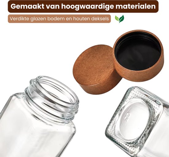 Luxe Set van 36 Glazen Kruidenpotjes - 120 ml - Met Houten Draaideksel, Stickers en Accessoires - Kruidenpotten voor Kruidenrek of Specerijen Organizer