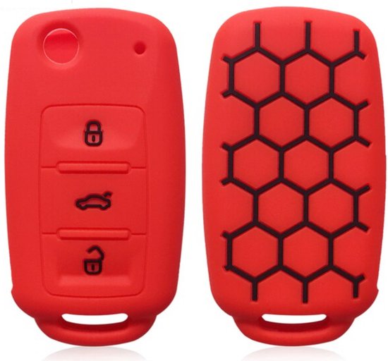 Zachte Siliconen Sleutelcover - Rood met Zwart - Sleutelhoesje Geschikt voor Volkswagen Golf / Polo / Tiguan / Up / Passat / Seat Leon / Seat Mii / Skoda Citigo - Sleutel Hoesje Cover - Patroon - Auto Accessoires