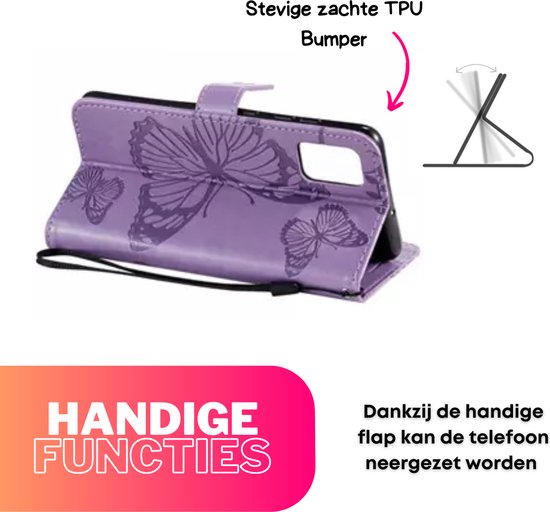 Hoesje Vlinders Paars - Geschikt voor Samsung Galaxy A14 - Portemonnee Book Case - Boekje Met Kaarthouder / Pasjeshouder en Magneetsluiting - Booklet - Wallet Beschermhoes - Telefoonhoesje