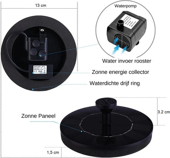 Solar Fontein - met een diameter van ca 16 cm – werkt op Zonne-energie - voor in de tuin of op balkon – geschikt voor in een vijver of waterschaal - drijvende fontein zonder snoer - alleen voor buiten