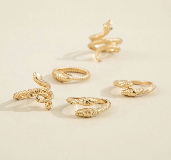 Set van 5 - Ring Slang Goud - Gold Snake - 5 Goudkleurige Ringen - 1,7 Centimeter - Trendy Dames Ringen Slangen