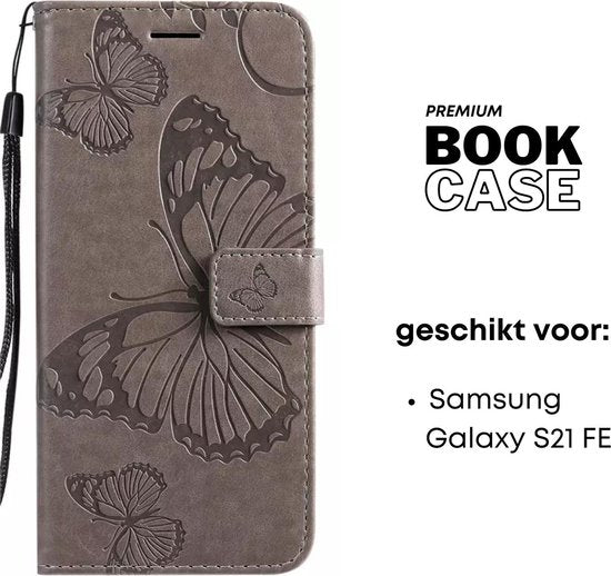 Hoesje Vlinders Grijs - Geschikt voor Samsung Galaxy S21 FE - Portemonnee Book Case - Boekje Met Kaarthouder / Pasjeshouder en Magneetsluiting - Booklet - Wallet Beschermhoes Kunstleer - Voor S21FE