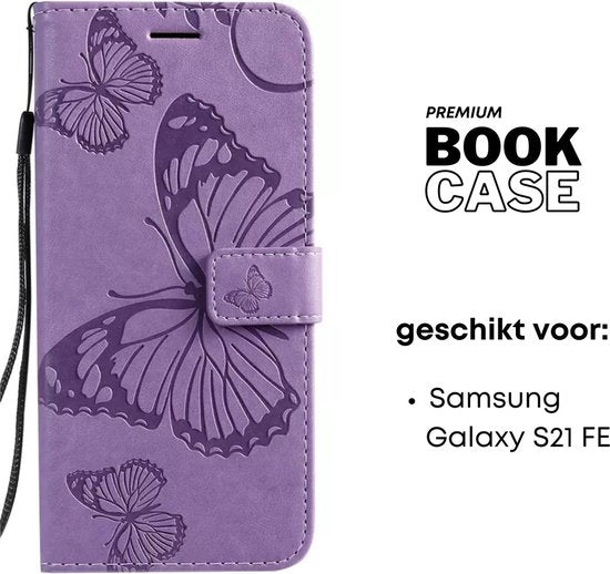Hoesje Vlinders Paars - Geschikt voor Samsung Galaxy S21 FE - Portemonnee Book Case - Boekje Met Kaarthouder / Pasjeshouder en Magneetsluiting - Booklet - Wallet Beschermhoes Kunstleer - Voor S21FE