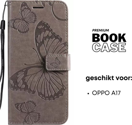 Hoesje Vlinders Grijs - Geschikt voor OPPO A17 - Portemonnee Book Case - Boekje Met Kaarthouder / Pasjeshouder en Magneetsluiting - Booklet Beschermhoes - Boekhoesje met Draagkoord